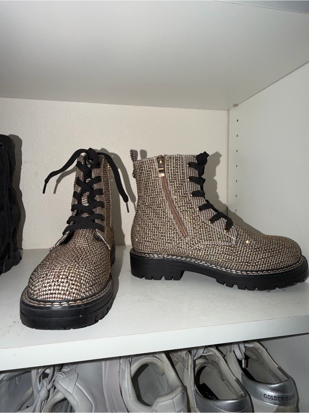 Kurt Geiger Woven Knit Lace-Up Boots in Black and Tan